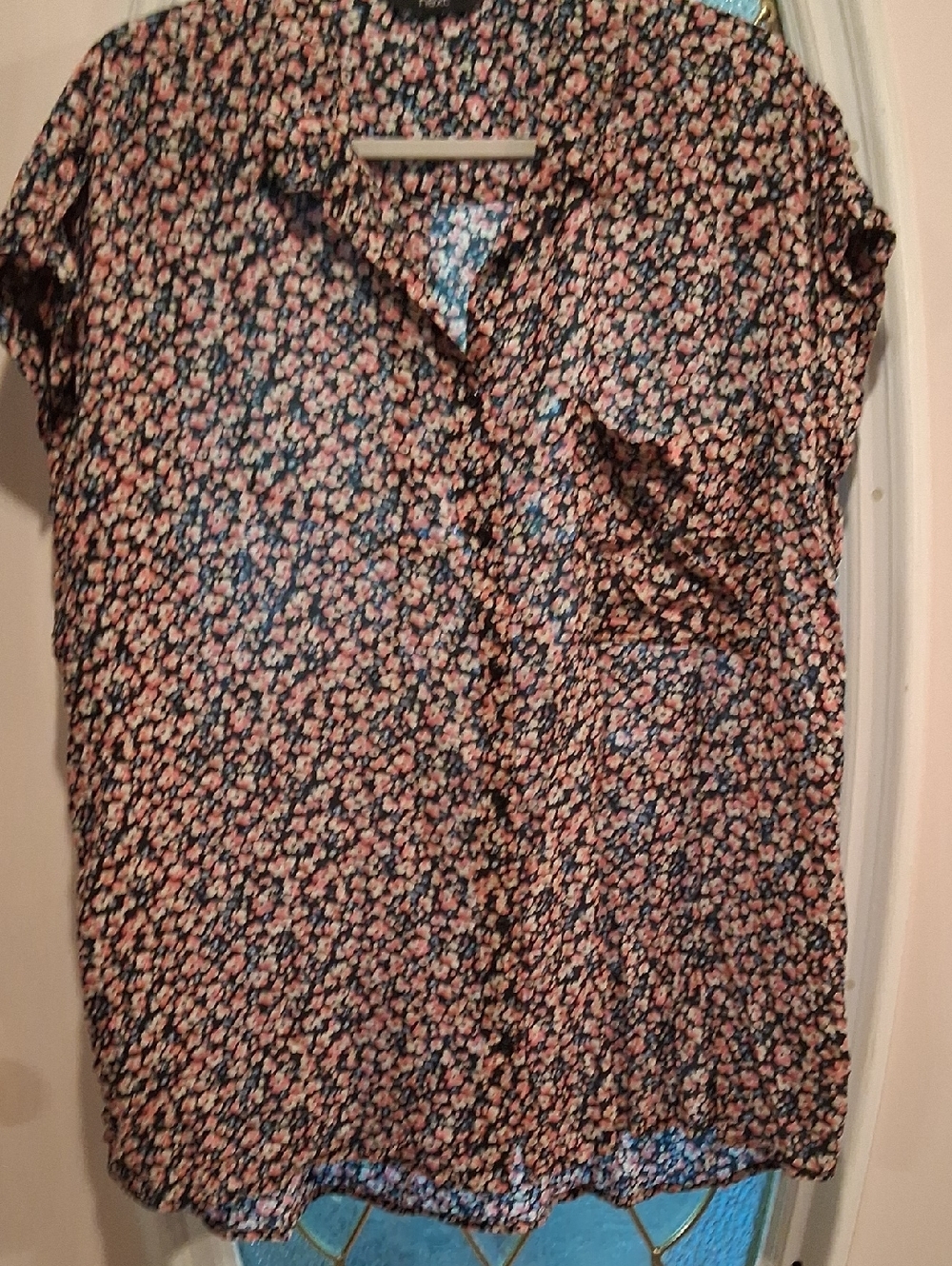 next Black Short-Sleeve Floral Button-Front Blouse with Pink Print